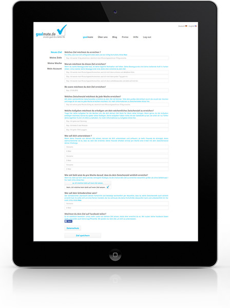 Goalmate.de, geöffnet auf einem Tablet, Ansicht der gesetzten Ziele Goalmate.de, geöffnet auf einem Tablet, Ansicht der gesetzten Ziele