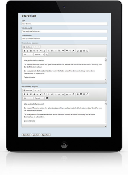 Goalmate.de, geöffnet auf einem Tablet, eigener Editor Goalmate.de, geöffnet auf einem Tablet, eigener Editor