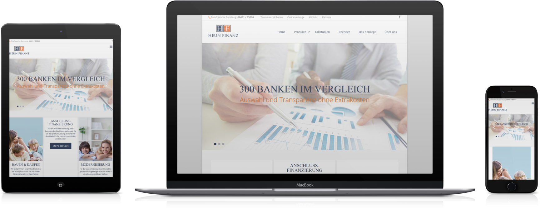 Heun-Finanz.de, geöffnet auf einem Desktop-PC, Smartphone und Tablet