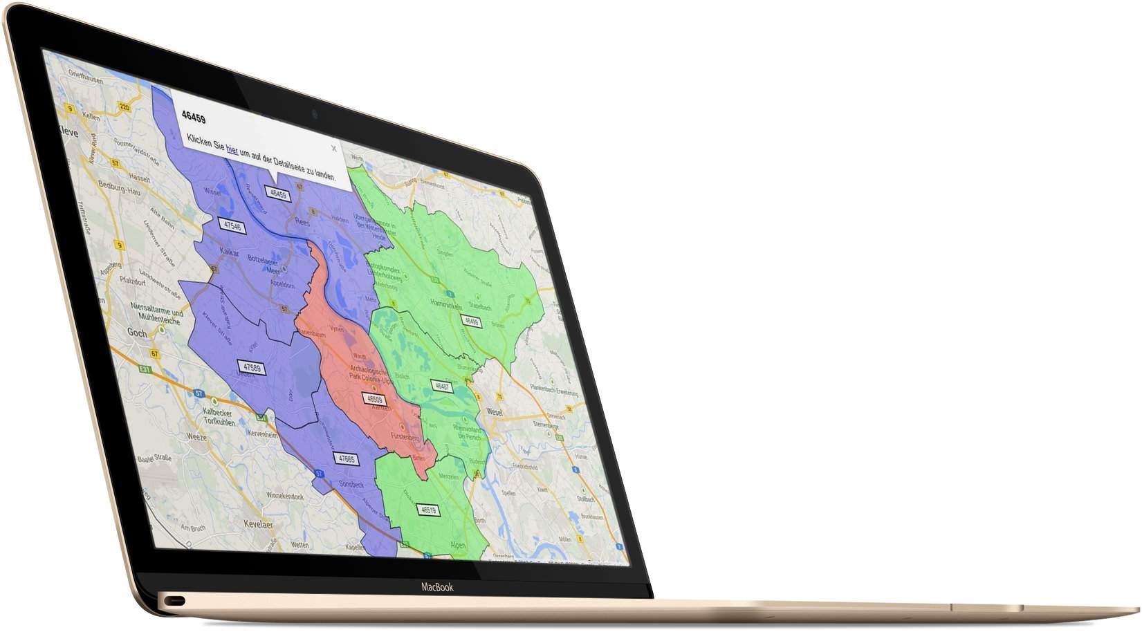 Google Maps® API Postleitzahlengebiete auf einem Macbook Google Maps® API Postleitzahlengebiete auf einem Macbook