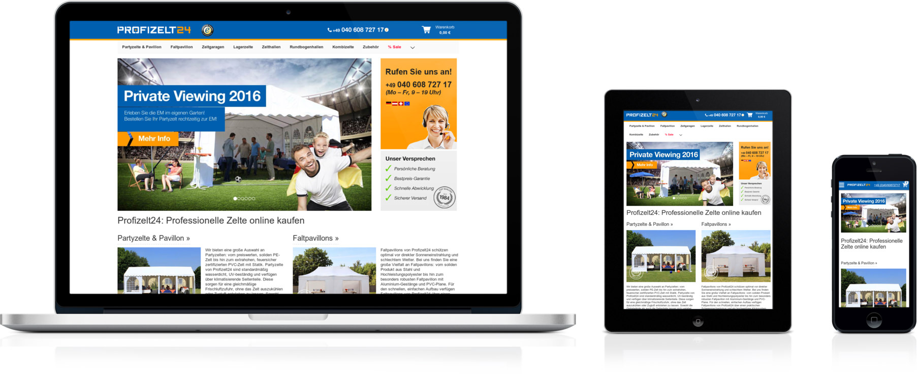 Profizelt24.de geöffnet auf Smartphone, Desktop und Tablet