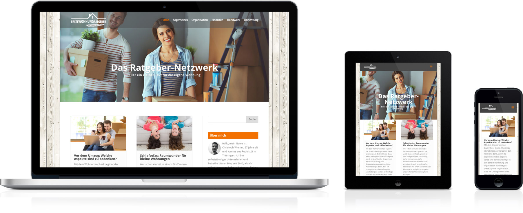 Erstewohnung-Ratgeber.de, geöffnet auf Smartphone, Laptop und Tablet Erstewohnung-Ratgeber.de, geöffnet auf Smartphone, Laptop und Tablet