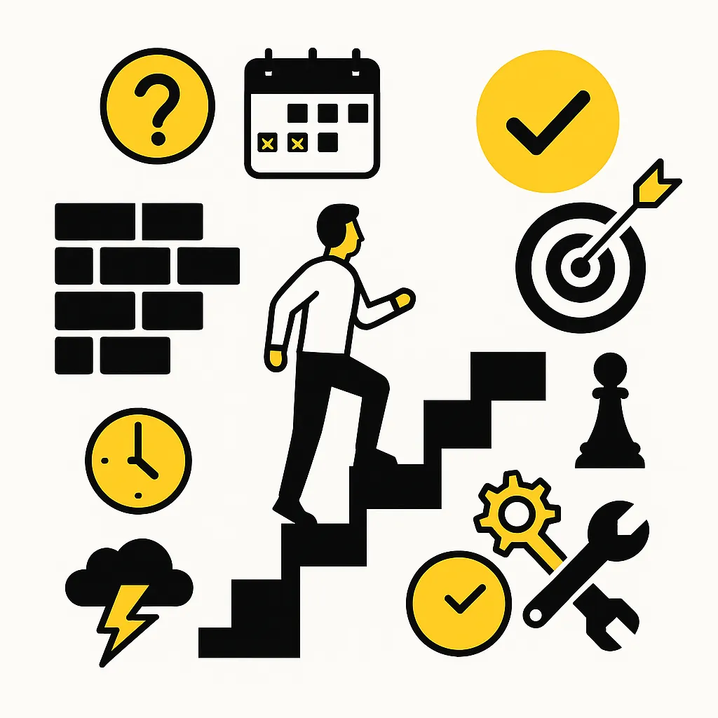 Illustration zeigt eine Person, die eine Treppe hochsteigt und dabei Alltagshindernisse wie Deadline, Stress, Fragezeichen und Mauer überwindet – Richtung Erfolg mit Zielscheibe und Häkchen