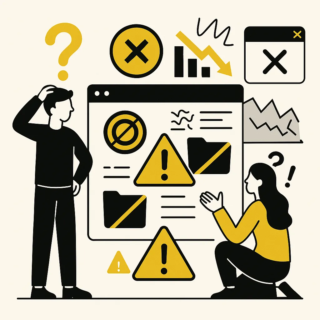 Zwei Personen analysieren ein fehlerhaftes Reporting-Dashboard mit Warnsymbolen, Fragezeichen und zersplitterten Diagrammen – dargestellt im Corporate Design von Apalion