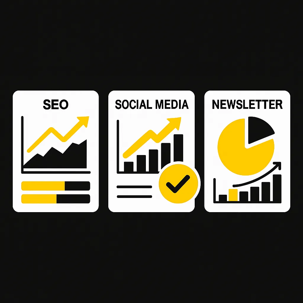 Drei Case-Study-Karten zeigen Fortschritt in SEO, Social Media und Newsletter-Marketing anhand von Diagrammen, Balkencharts und einem gelben Aufwärtspfeil