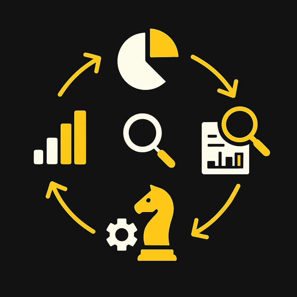 Kreisgrafik zeigt fünf Stufen einer erfolgreichen Analyse- und Reporting-Strategie: Datensammlung, Auswertung, Reporting, Strategie und Optimierung – verbunden durch Pfeile