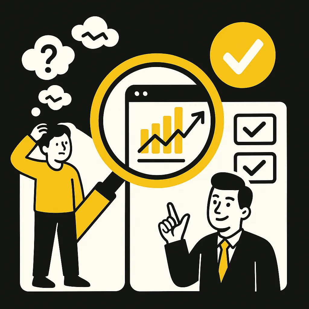 Illustration vergleicht zwei Szenen: links eine verwirrte Person ohne Datenanalyse, rechts eine selbstbewusste Person mit Reporting-Dashboard und Checkmarks