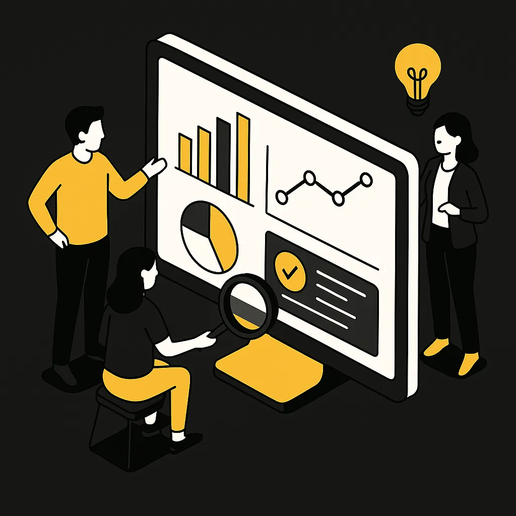 Drei Personen analysieren ein Dashboard mit Balken-, Linien- und Kreisdiagramm auf einem großen Bildschirm – dargestellt im Apalion-Design