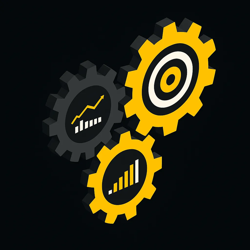 Drei ineinandergreifende Zahnräder mit eingebetteten Diagrammen – Symbol für automatisierte Marketingprozesse und präzise Datenanalyse bei Apalion AG 🏷️ Titel