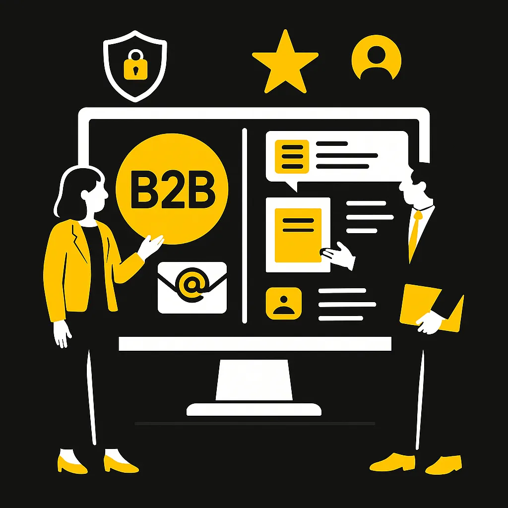 Zwei Geschäftspersonen präsentieren Content-Marketing-Inhalte für B2B-Zielgruppen auf einem großen Bildschirm – visuelles Symbol für Branding im Business-Kontext