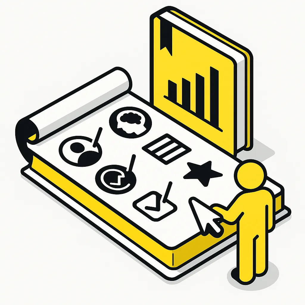 Isometrische Illustration zeigt eine gelbe Checkliste mit Symbolen für Zielgruppe, Strategie, Content, Kommunikation und Markenwerten – Grundlagen im Content-Marketing