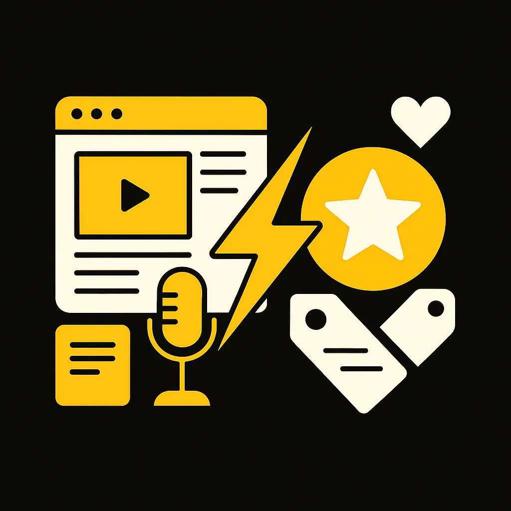 Symbolbild für die Verbindung zwischen Content-Marketing und Branding: Inhalte wie Video, Podcast und Text verknüpft mit Marken-Icons durch gelben Blitz