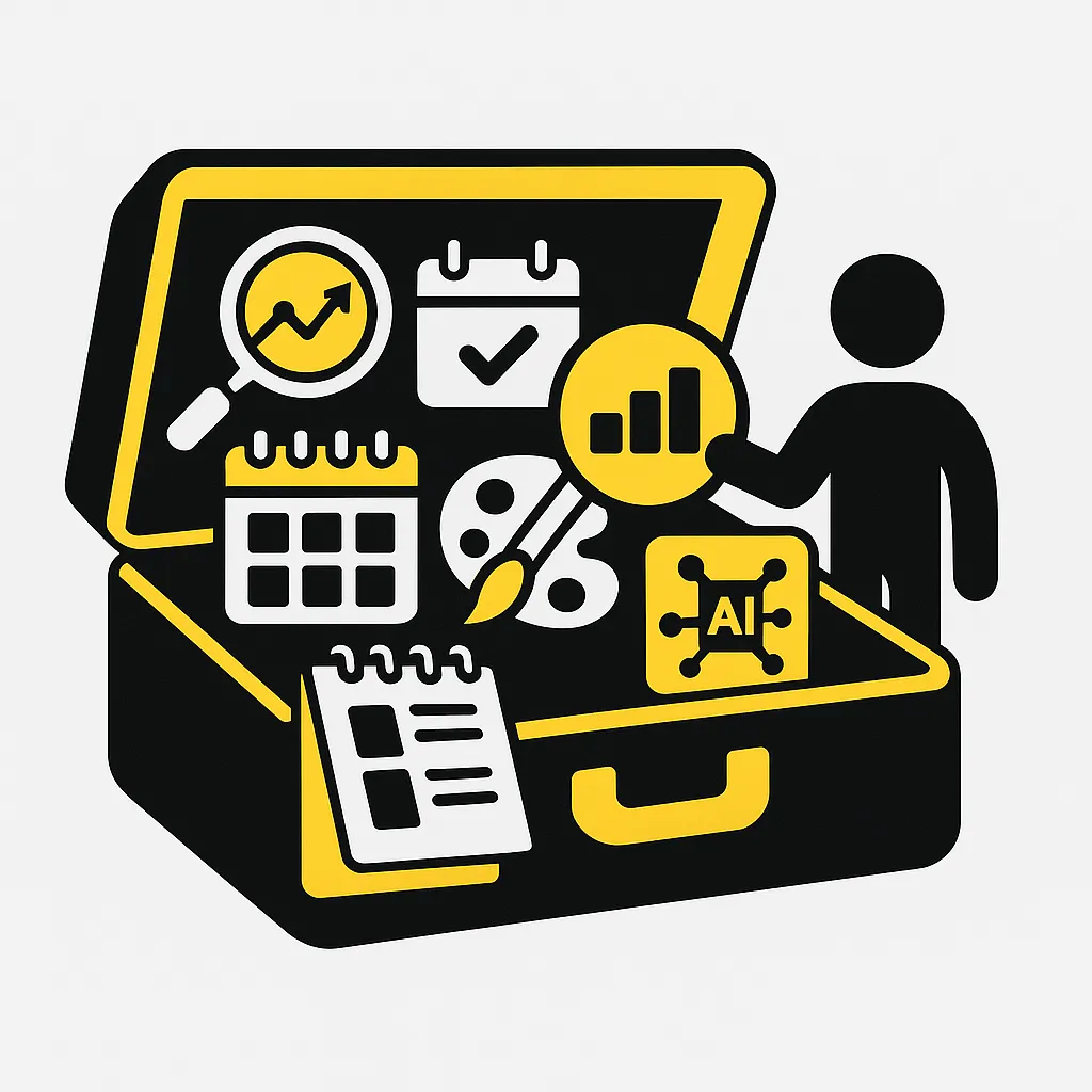 Illustration einer digitalen Toolbox mit Symbolen für SEO, Kalender, KI, Redaktionsplan und Design – Tools für Content-Marketing und Branding