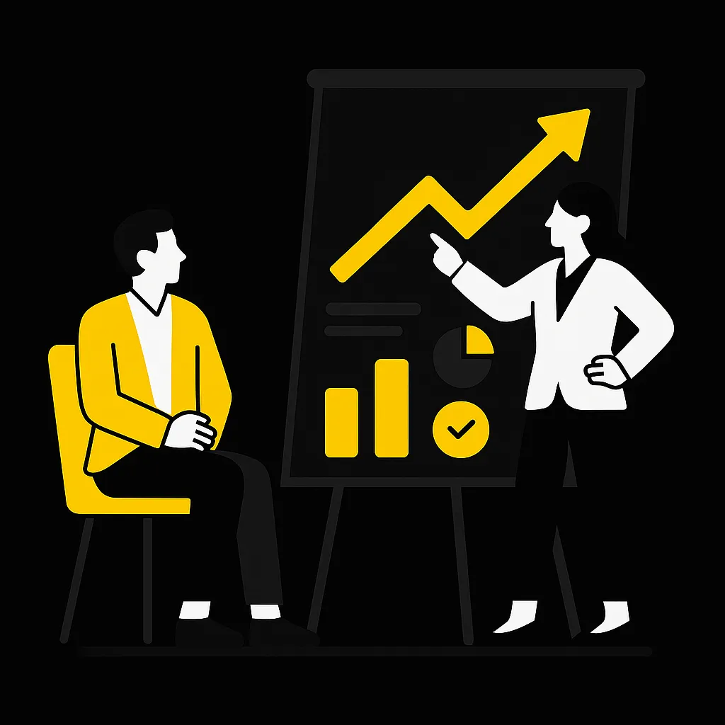 Zwei Geschäftspersonen analysieren gemeinsam eine Erfolgsgrafik auf einem Flipchart – Symbolbild für Erfolge durch Strategie und Beratung bei Apalion AG