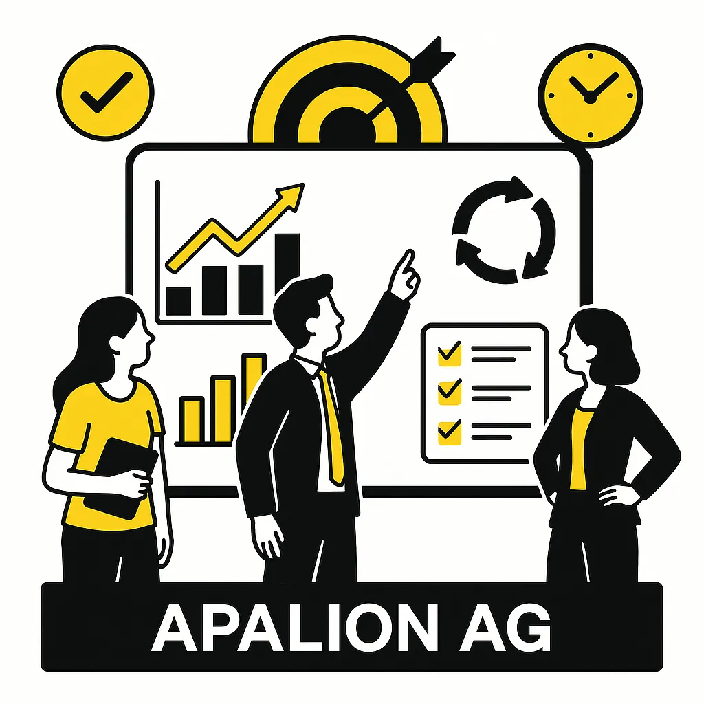 Drei Personen analysieren eine digitale Erfolgsgrafik mit Diagrammen, Checklisten und Ziel-Icon – Symbol für Erfolgsmessung und kontinuierliche Verbesserung bei Apalion AG