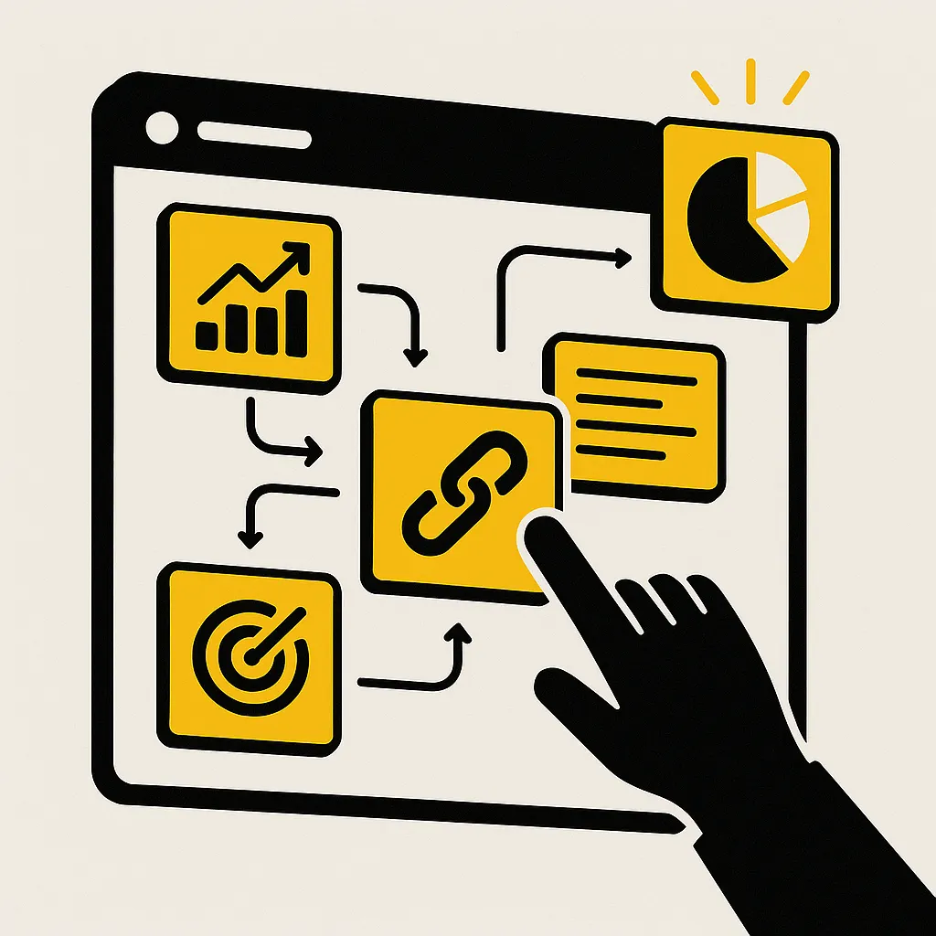 Illustration zeigt eine digitale Website-Struktur mit verlinkten Inhaltselementen, verbunden durch Pfeile – im Zentrum eine Hand, die auf ein Link-Icon klickt