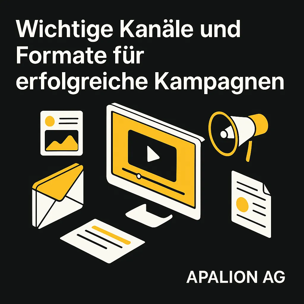 Isometrische Darstellung zentraler Marketingkanäle – Social Media, E-Mail, Website, Video, SEO – verbunden mit einer Zielscheibe in der Mitte, symbolisiert Multichannel-Kampagnenführung.