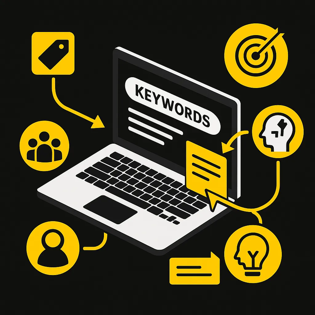 Laptop mit Keyword-Suche, verbunden mit Icons für Zielgruppe, Content, Tags und Rankings – Symbol für strategische Keyword-Nutzung im Content-Marketing