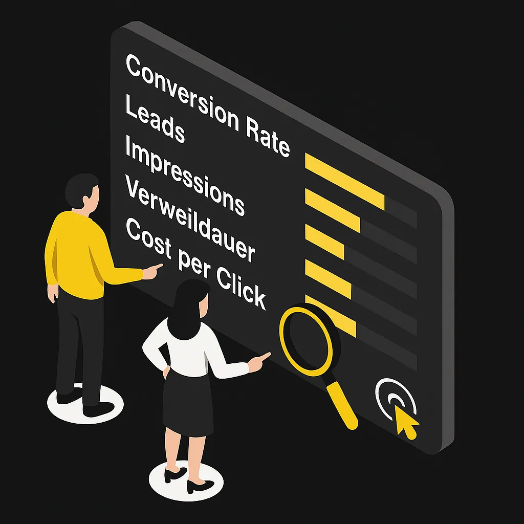 Zwei Personen analysieren ein Dashboard mit KPIs wie Conversion Rate, Leads, Impressions, Verweildauer und Cost per Click – dargestellt im Corporate Design von Apalion
