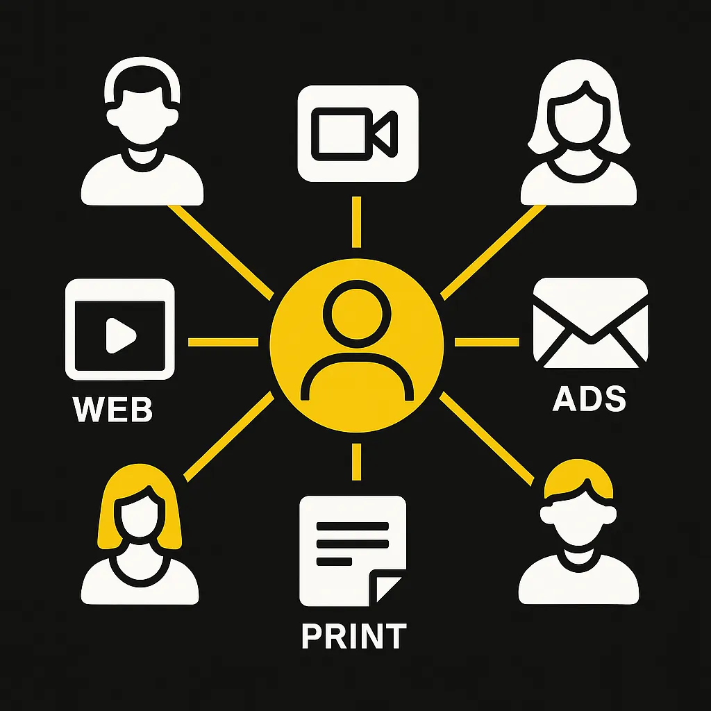 Zentrale Marke vernetzt mit Web, Ads, Print, Social Media & Personas – Illustration einer Multi-Channel-Marketing-Strategie im Apalion-Stil