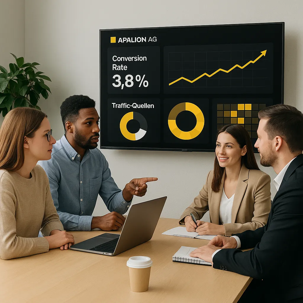 Marketing-Team der Apalion AG analysiert Performance-Daten auf einem großen Bildschirm mit KPIs wie Conversion Rate und Traffic-Quellen