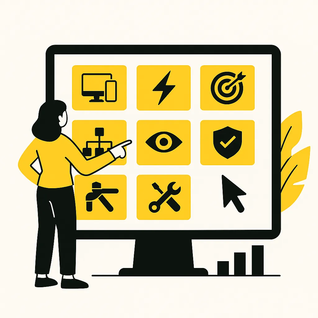 Eine Frau zeigt auf einen Monitor mit sieben Icons zu Webdesign und Webentwicklung, darunter Symbole für Responsive Design, Ladegeschwindigkeit, Sicherheit und Struktur – im Apalion-Farbschema