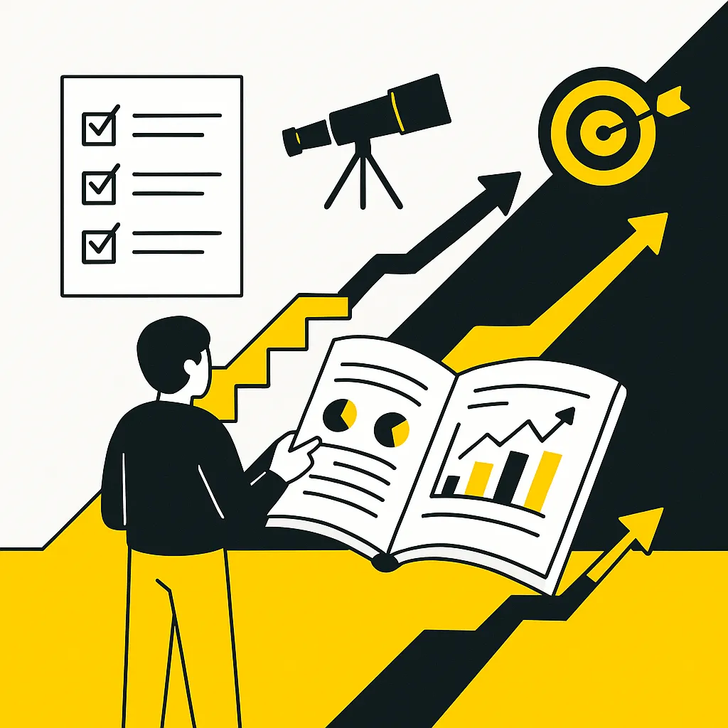 Eine Person betrachtet ein geöffnetes Reportbuch mit Diagrammen und blickt eine gelbe Treppe hinauf, die zu einer Zielscheibe und einem Fernrohr führt – Symbol für Zusammenfassung und Ausblick im Marketing