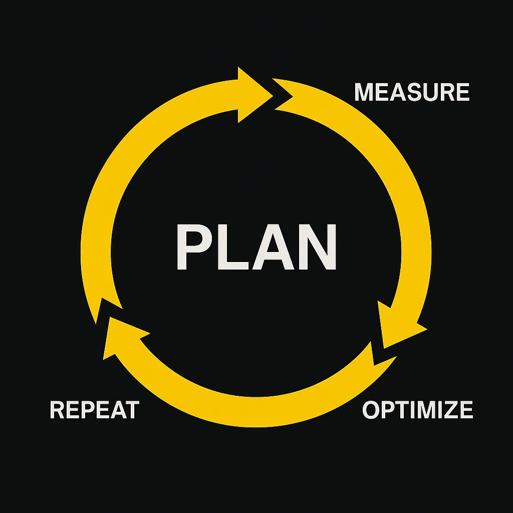 Zyklusgrafik im Apalion Corporate Design zeigt die vier Phasen Plan, Measure, Optimize und Repeat – visualisiert als Kreislauf für fortlaufende Optimierung.
