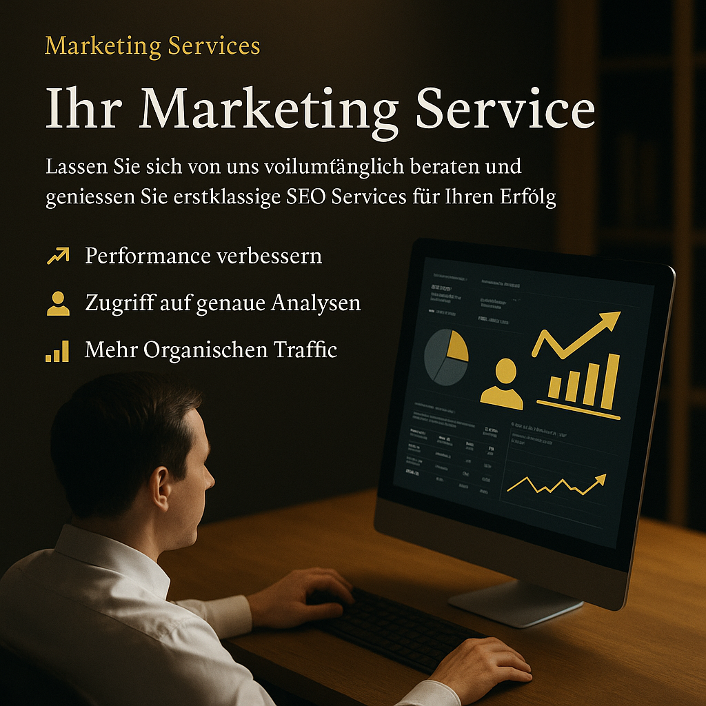 Marketing Services Szene mit Business-Profi am Computer und Datenvisualisierungen