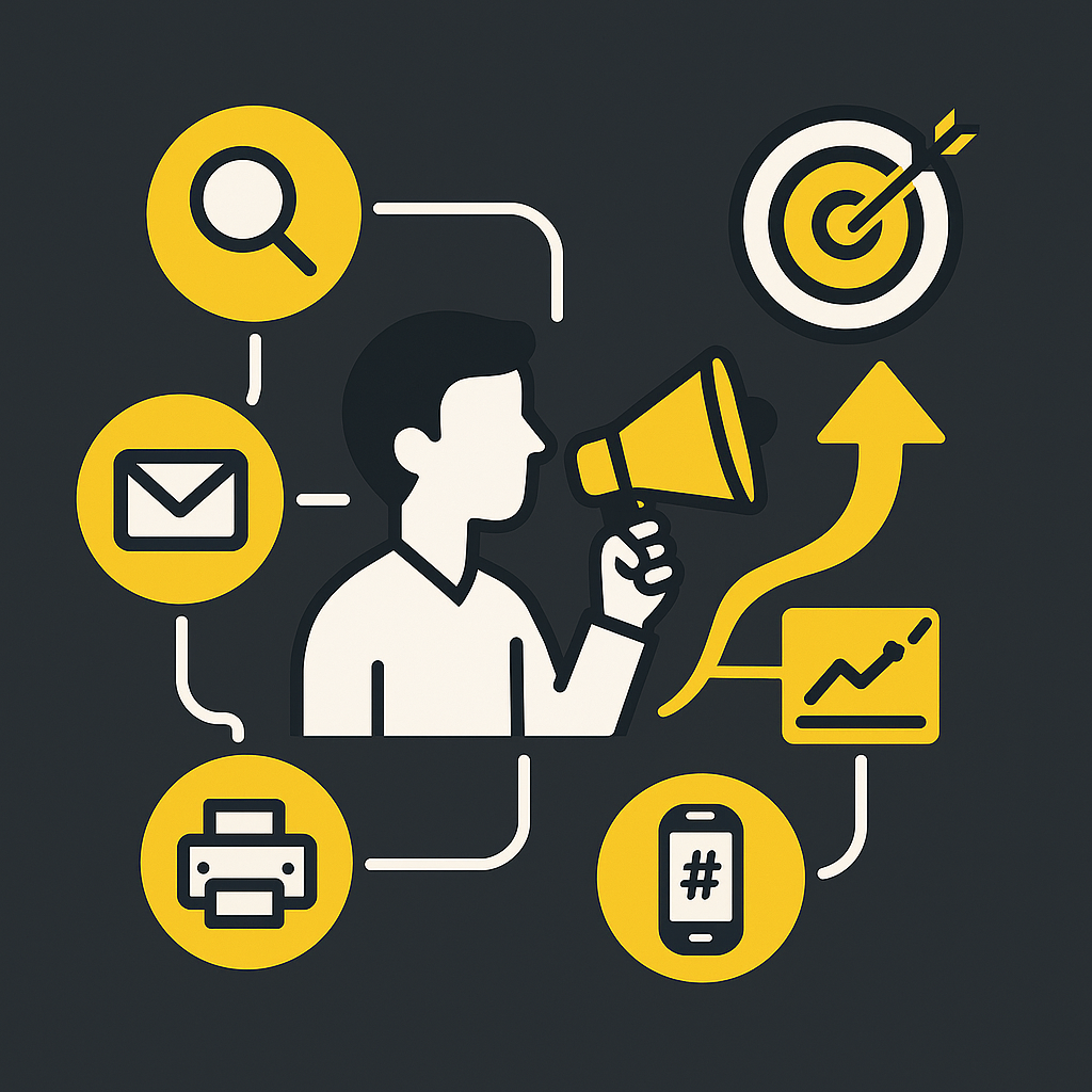 Marketingkanäle und Kampagnenplanung – visualisiert von Apalion AG Person mit Megafon, umgeben von Icons für SEO, Social Media, E-Mail und Print – Symbolbild für Marketingkanäle und Kampagnenplanung