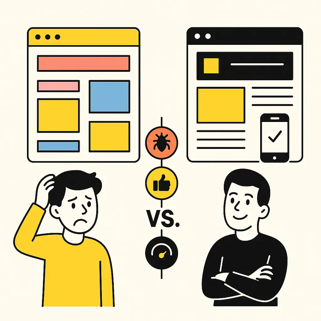 Illustration vergleicht ein schlechtes und ein gutes Webdesign: links ein überladenes Layout mit verwirrtem Nutzer, rechts ein klares Design mit zufriedener Person und Mobile-Optimierung