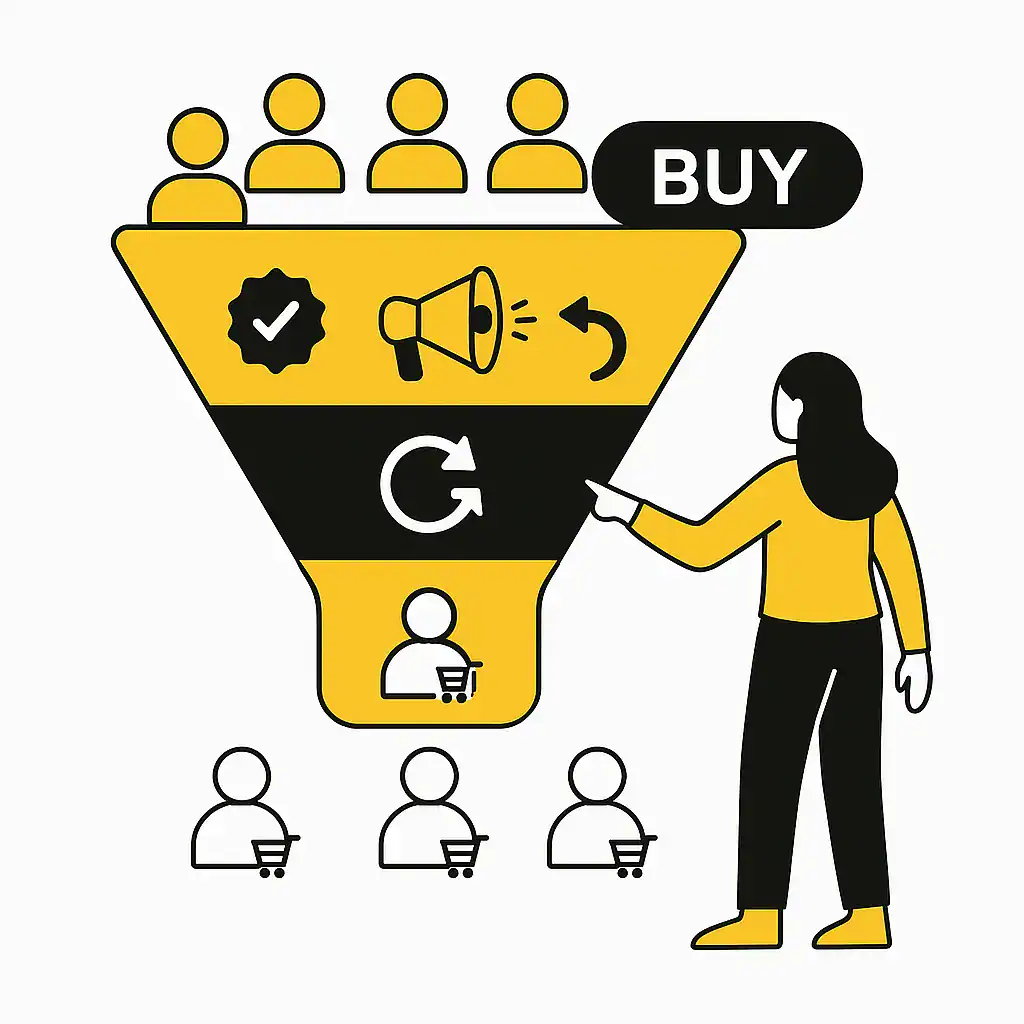 Illustration zeigt einen gelb-schwarzen Conversion-Funnel mit Besucher-Icons oben und Kunden-Icons unten. Eine Frau zeigt auf einen „Buy“-Button. Dazwischen befinden sich Marketing-Symbole für Vertrauen, Retargeting und Wiederholung.