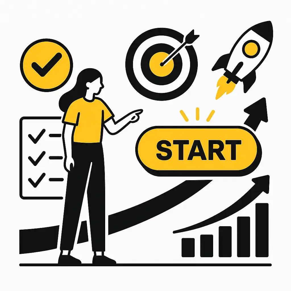 Frau zeigt auf einen gelben Start-Button, umgeben von Checkliste, Zielscheibe, Aufwärtspfeilen und einer Rakete – symbolisiert den Abschluss und Start einer Marketingmaßnahme