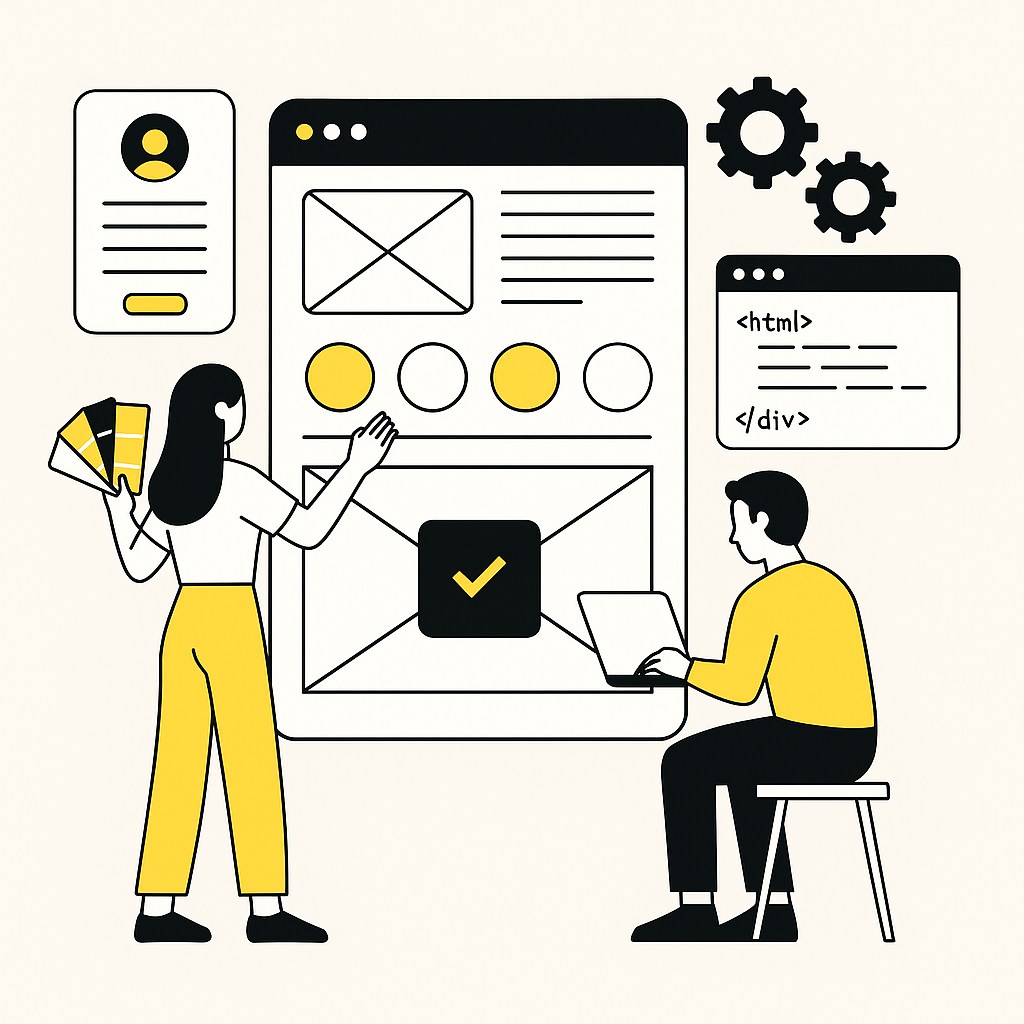 Illustration zeigt eine Webdesignerin mit Farbpalette und Wireframe, die mit einem Entwickler zusammenarbeitet, der HTML-Code und Zahnräder auf einem Bildschirm bearbeitet