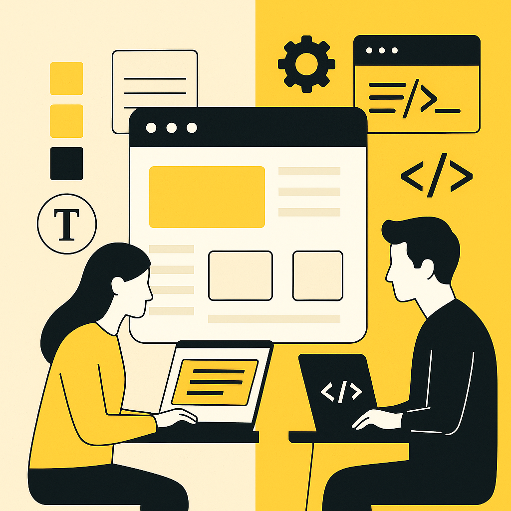 Illustration zeigt eine Webdesignerin und einen Entwickler, die gemeinsam an einem Website-Projekt arbeiten – dargestellt durch Layout- und Code-Elemente in Schwarz, Gelb und Weiß