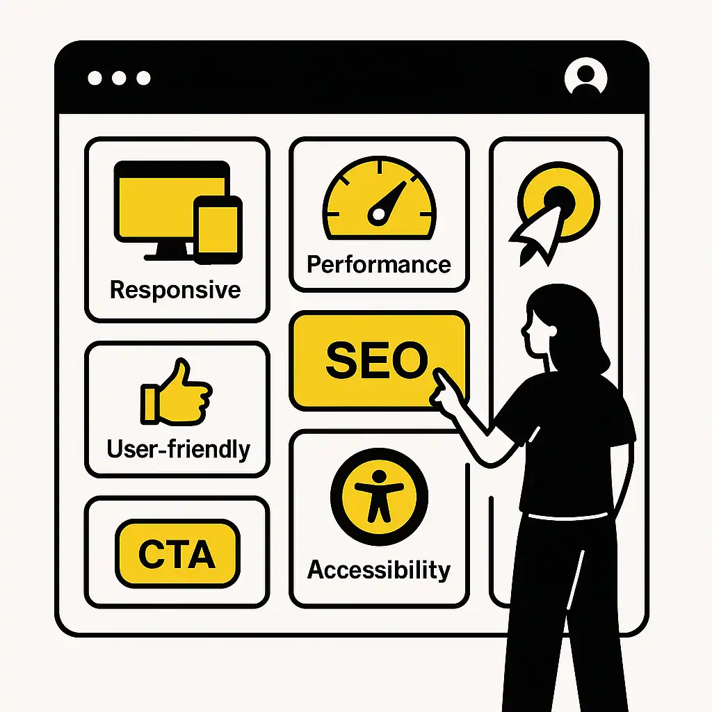 Eine Person interagiert mit einer Benutzeroberfläche aus sieben Modulen, darunter SEO, Responsive Design, Performance, Usability, CTA und Accessibility – alles im Apalion-Design