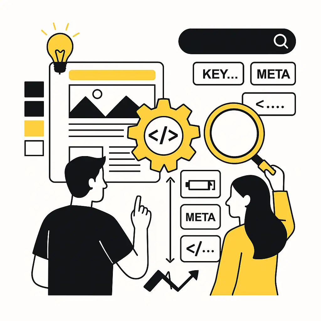 Zwei Personen arbeiten an einer Website: Links ein Designer mit Wireframe und Farbpalette, rechts eine SEO-Spezialistin mit Lupe und Meta-Keyword-Icons – verbunden durch ein HTML-Zahnrad