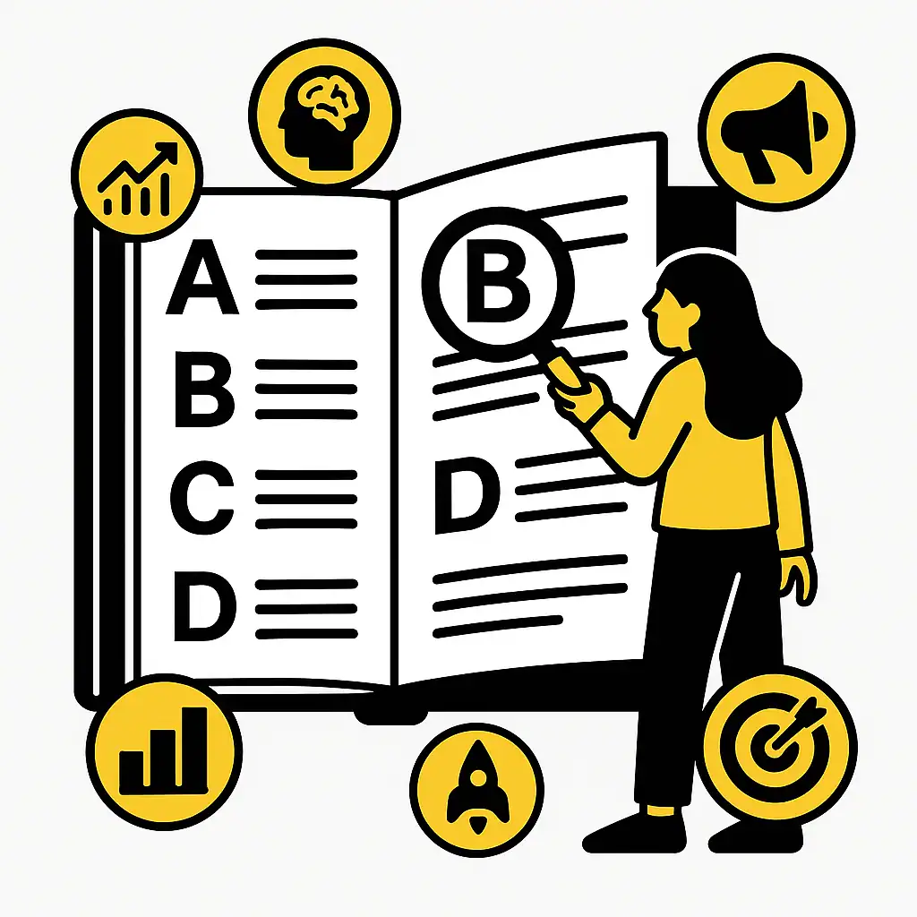 Eine Frau blättert mit einer Lupe durch ein offenes Nachschlagewerk mit Marketingbegriffen von A bis D – umgeben von Icons zu Analyse, Branding, KPI und Strategie