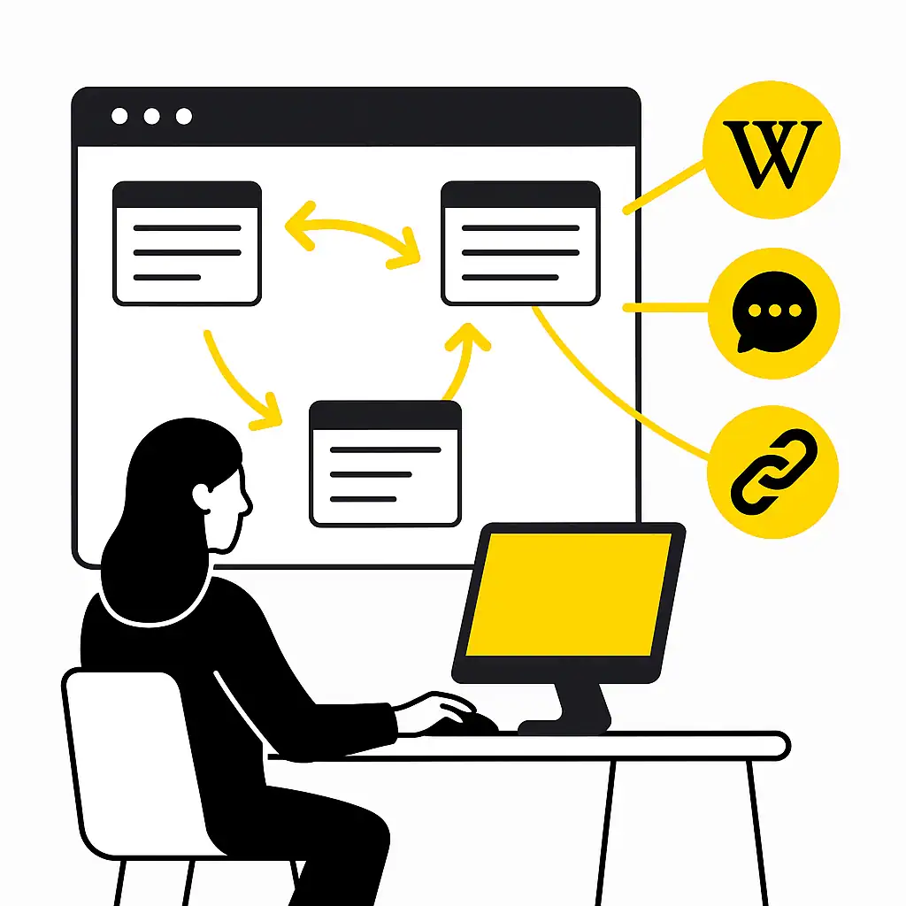 Illustration zeigt eine Frau am Schreibtisch, die interne und externe Links auf einer Website verwaltet – mit gelben Verbindungslinien zu Inhalten und Websymbolen