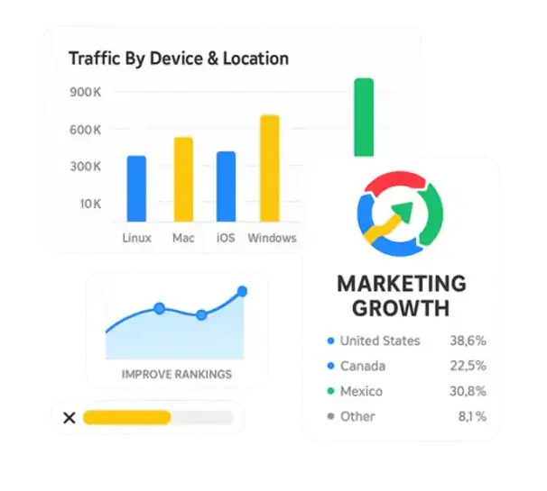 Apalion_Agentur_Graph Marketing-Grafik mit Wachstum, Gerätestatistik und Rankings – Apalion AG Visualisierung