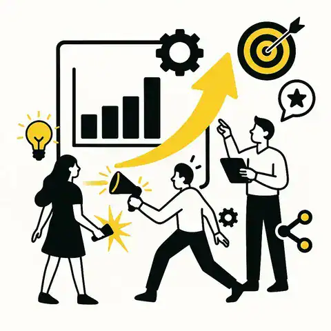 Apalion – die Marketing Agentur, die Ihr Umsatzpotenzial zum Leben erweckt Drei Marketing-Profis beleben ein Wachstumsszenario: Megafon, Glühbirne und Tablet symbolisieren kreative Strategien und datenbasierte Entscheidungen – mit aufsteigendem Umsatzpfeil